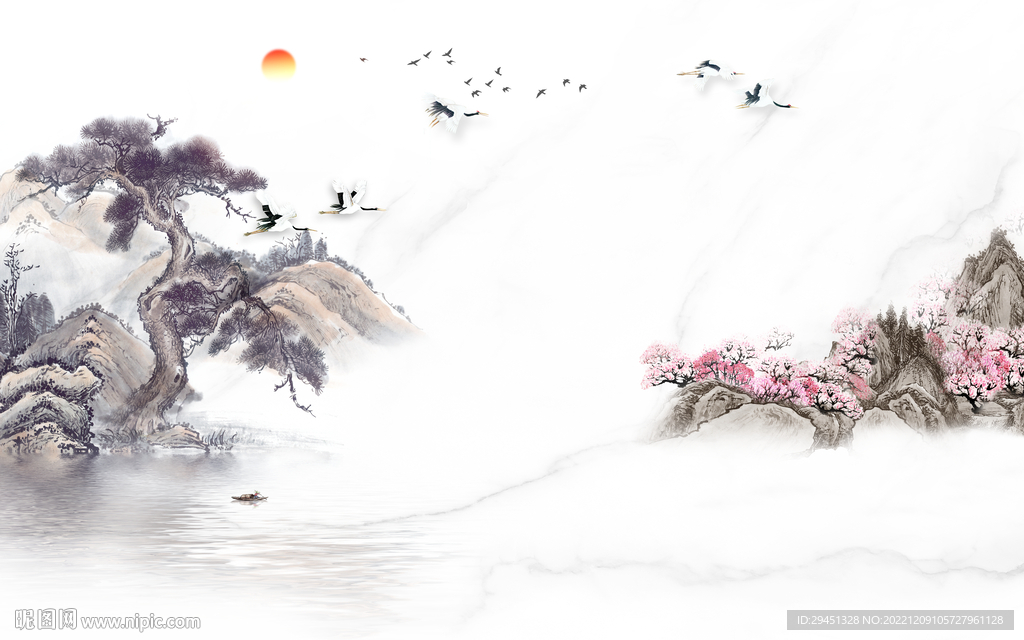 新品 别墅山水墙画 tif分层