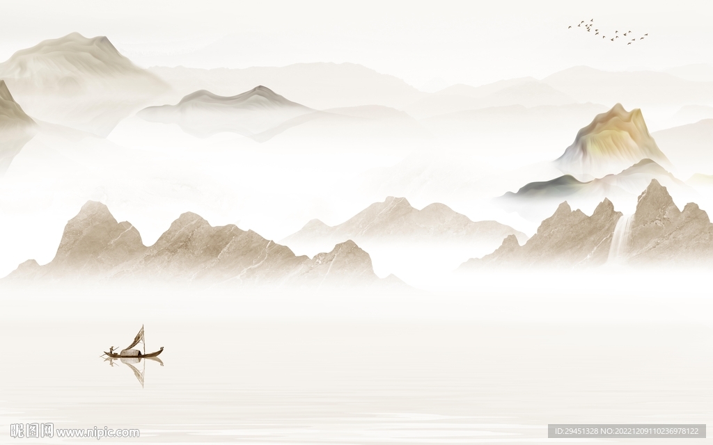 人气 别墅山水墙画 tif分层