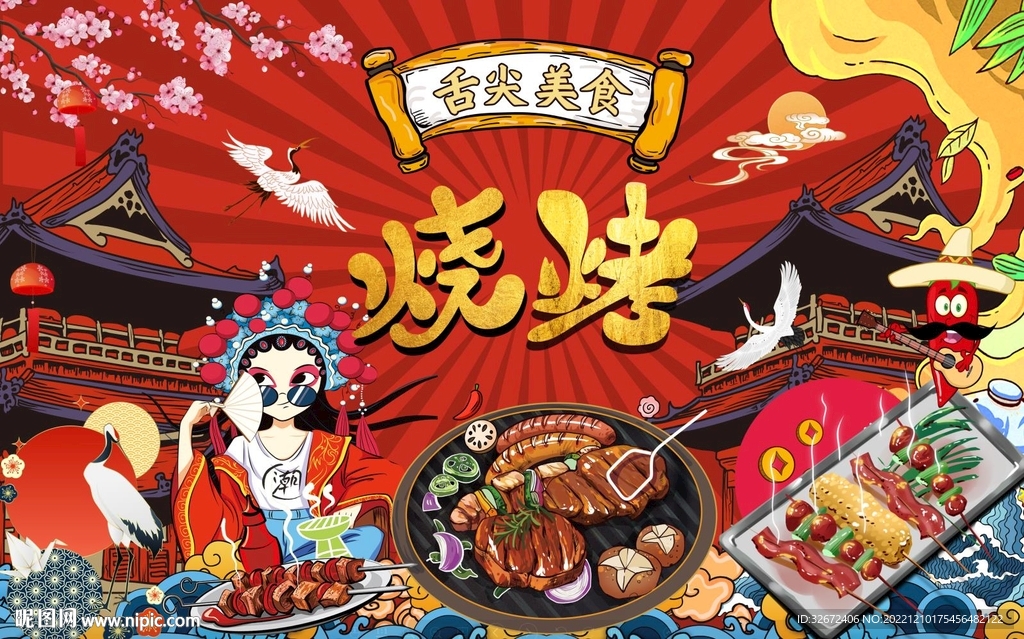 国潮烧烤美食背景墙图片