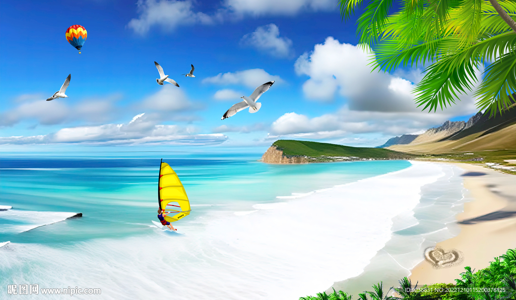 蓝天白云大海沙滩背景墙