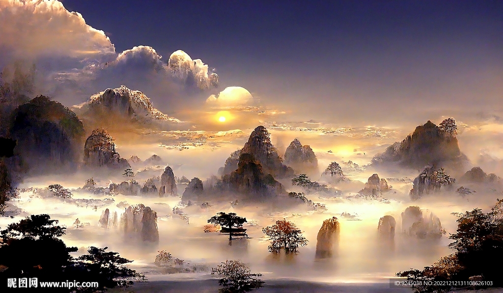 新中式山水风景画鎏金装饰画