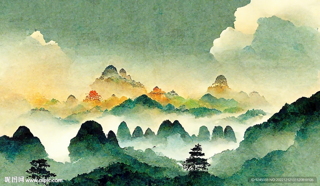 新中式山水风景画鎏金装饰画