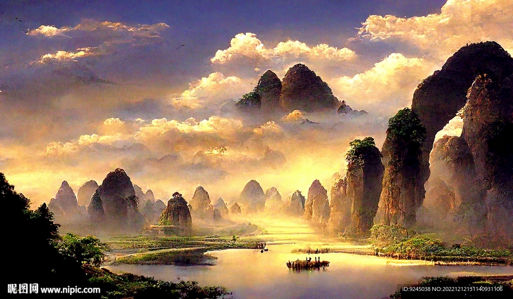 新中式山水风景画鎏金装饰画