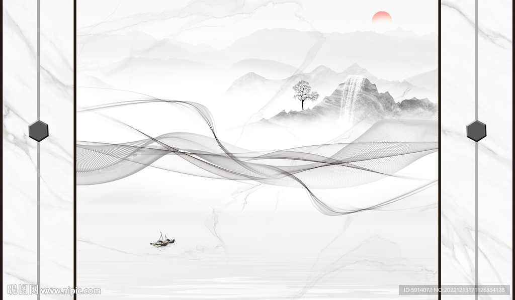 山水画背景墙 弧线