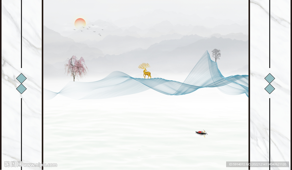 山水画背景墙 弧线 麋鹿