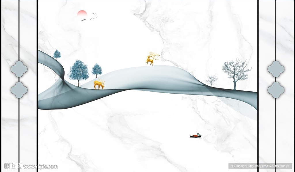 山水画背景墙 弧线 麋鹿