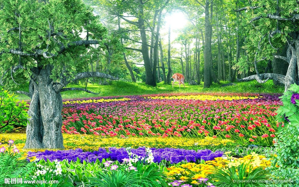 唯美森林大树郁金香花海背景墙