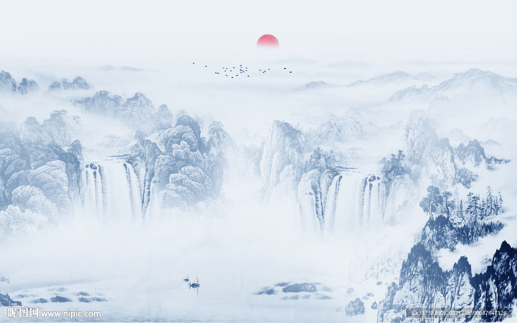 中式水墨山水画电视背景墙