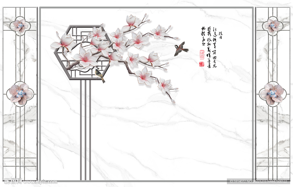 灰白根大理石背景墙 兰花