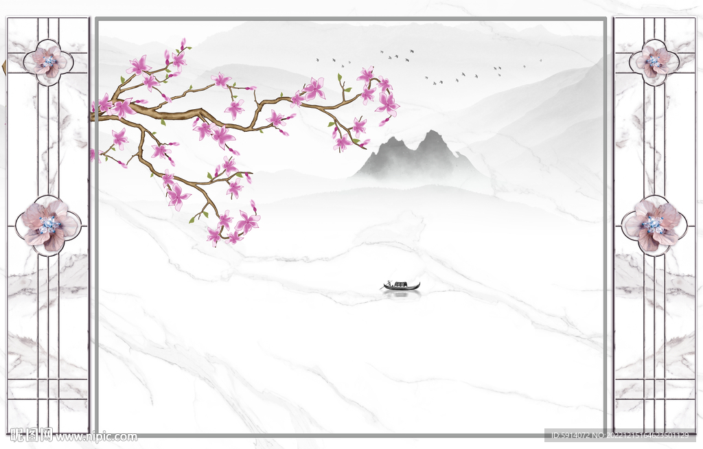 灰白根大理石背景墙 粉色花朵