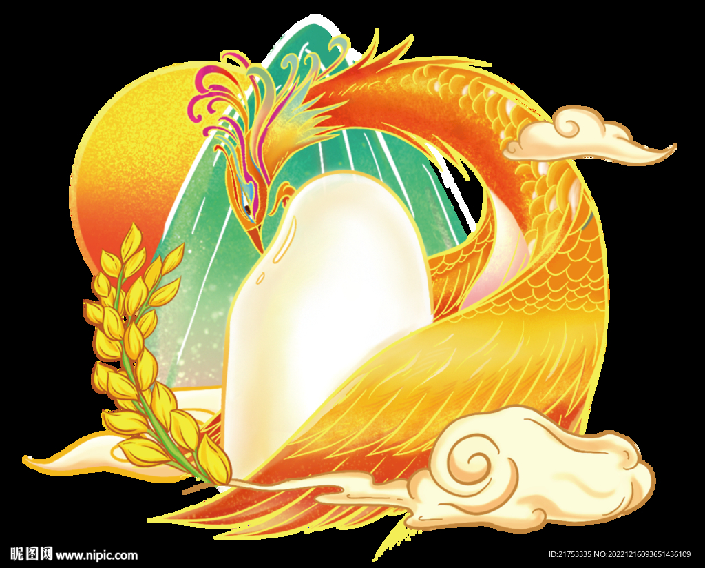 金色凤凰稻谷大米插画线描