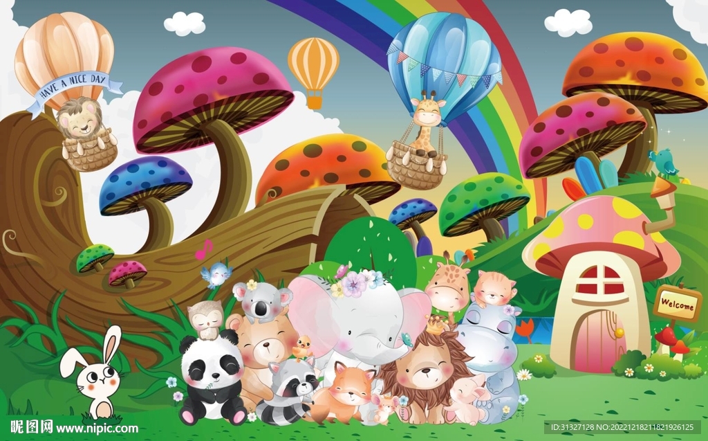 卡通彩虹动物乐园背景墙图片