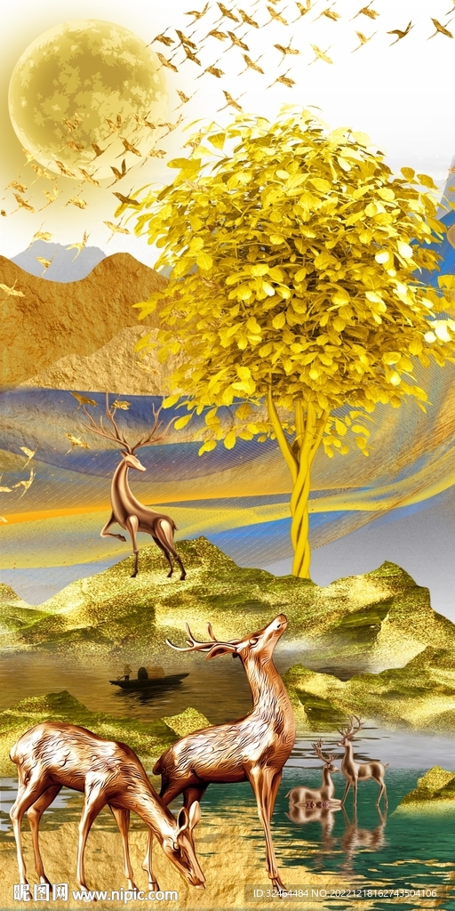 金山麋鹿五福发财树玄关