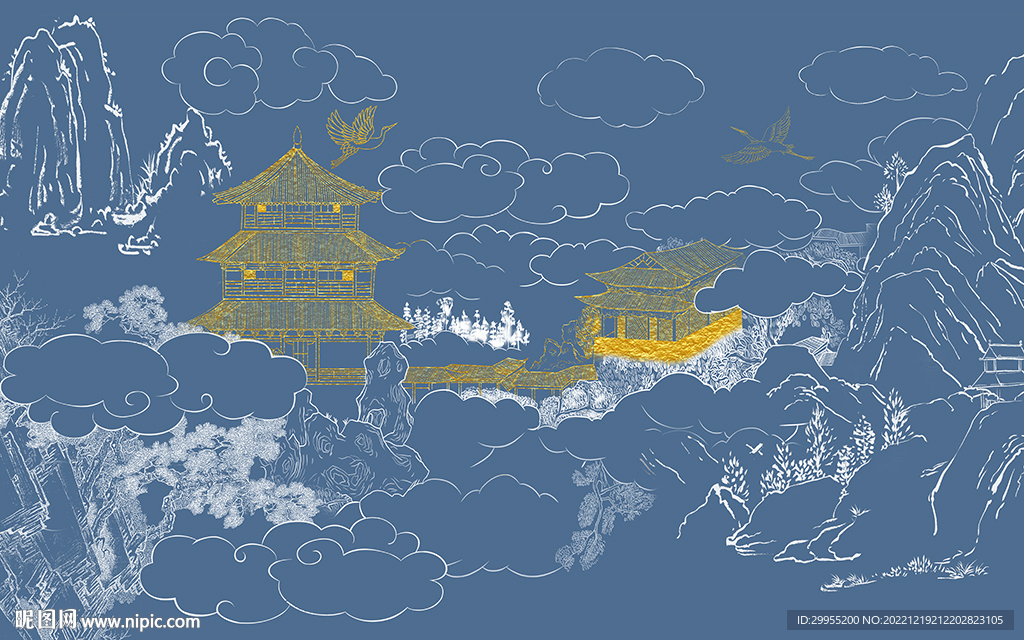 金箔阁楼山水背景墙