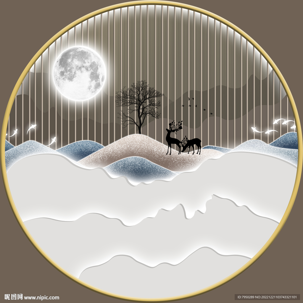 轻奢肌理山水玄关客厅圆框装饰画
