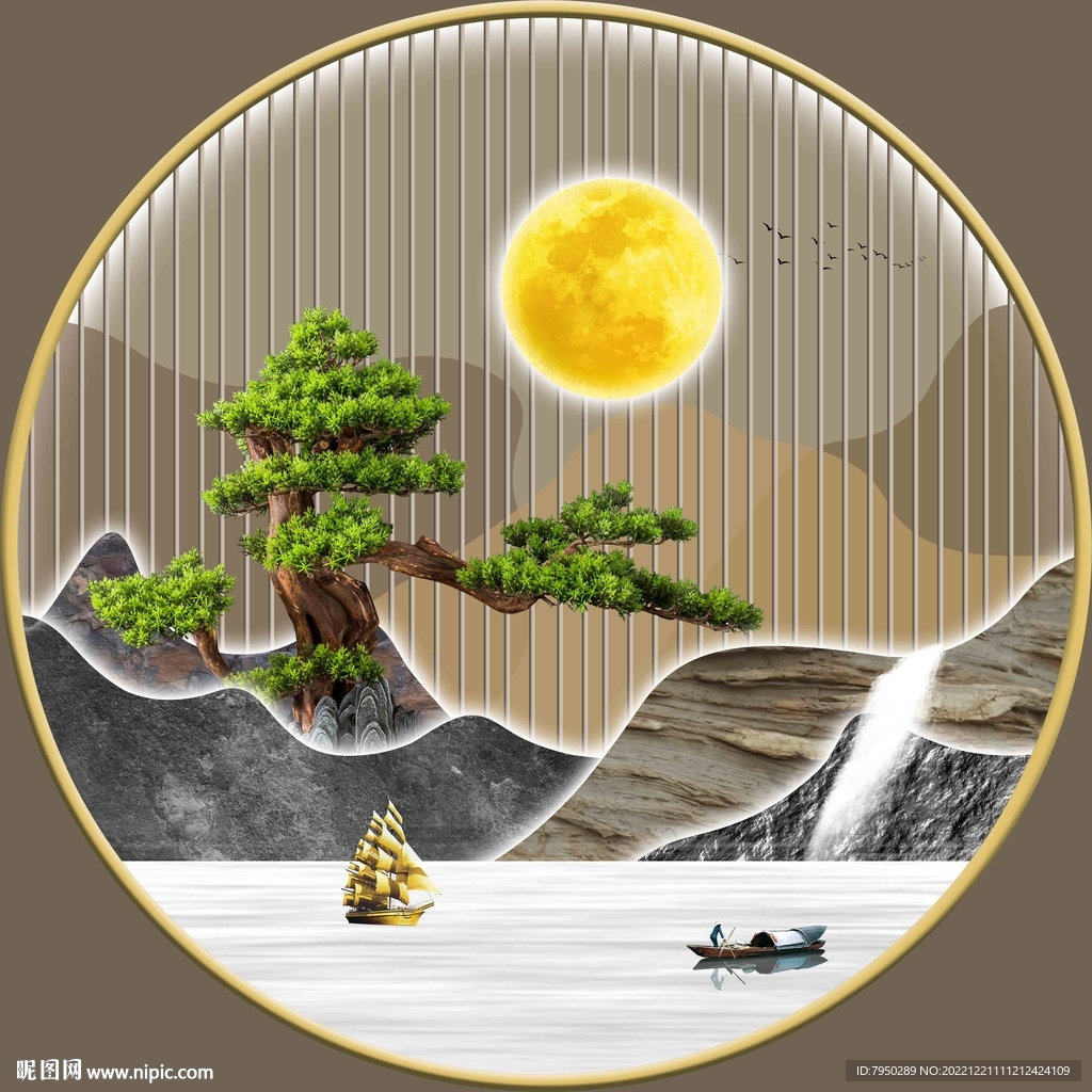 轻奢肌理山水玄关客厅圆框装饰画