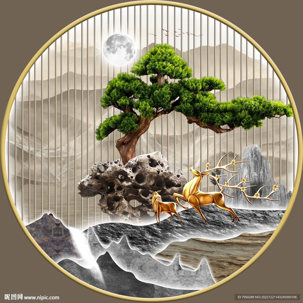 轻奢肌理山水玄关客厅圆框装饰画