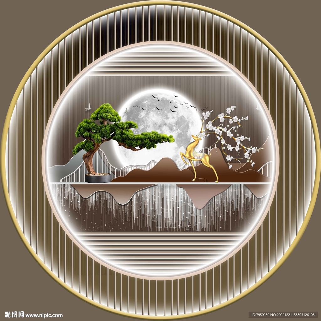 轻奢肌理山水玄关客厅圆框装饰画