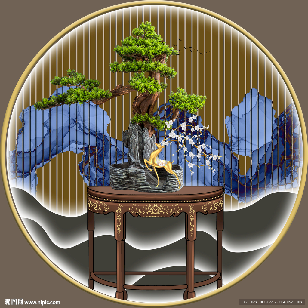 轻奢肌理山水玄关客厅圆框装饰画
