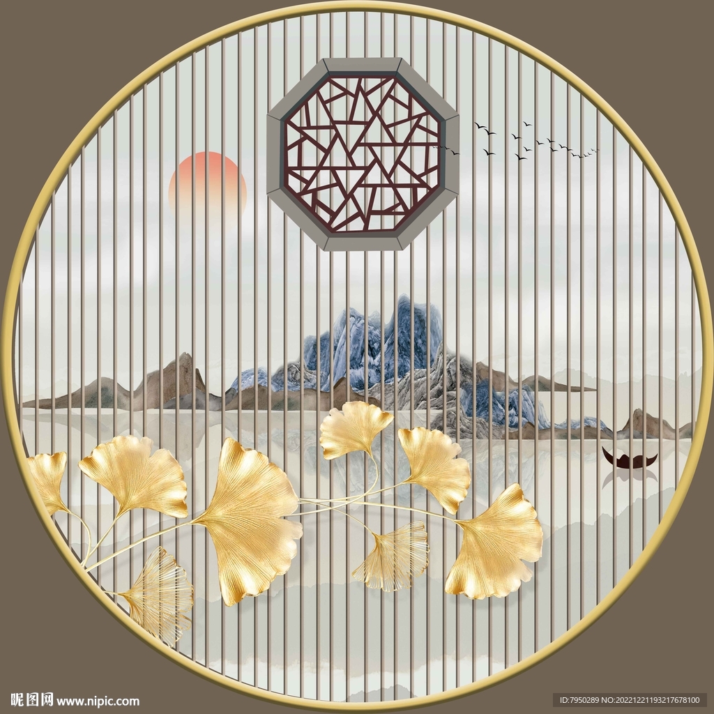 轻奢肌理山水玄关客厅圆框装饰画