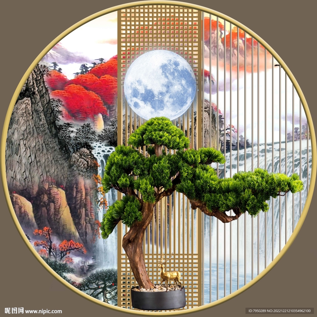 轻奢肌理山水玄关客厅圆框装饰画