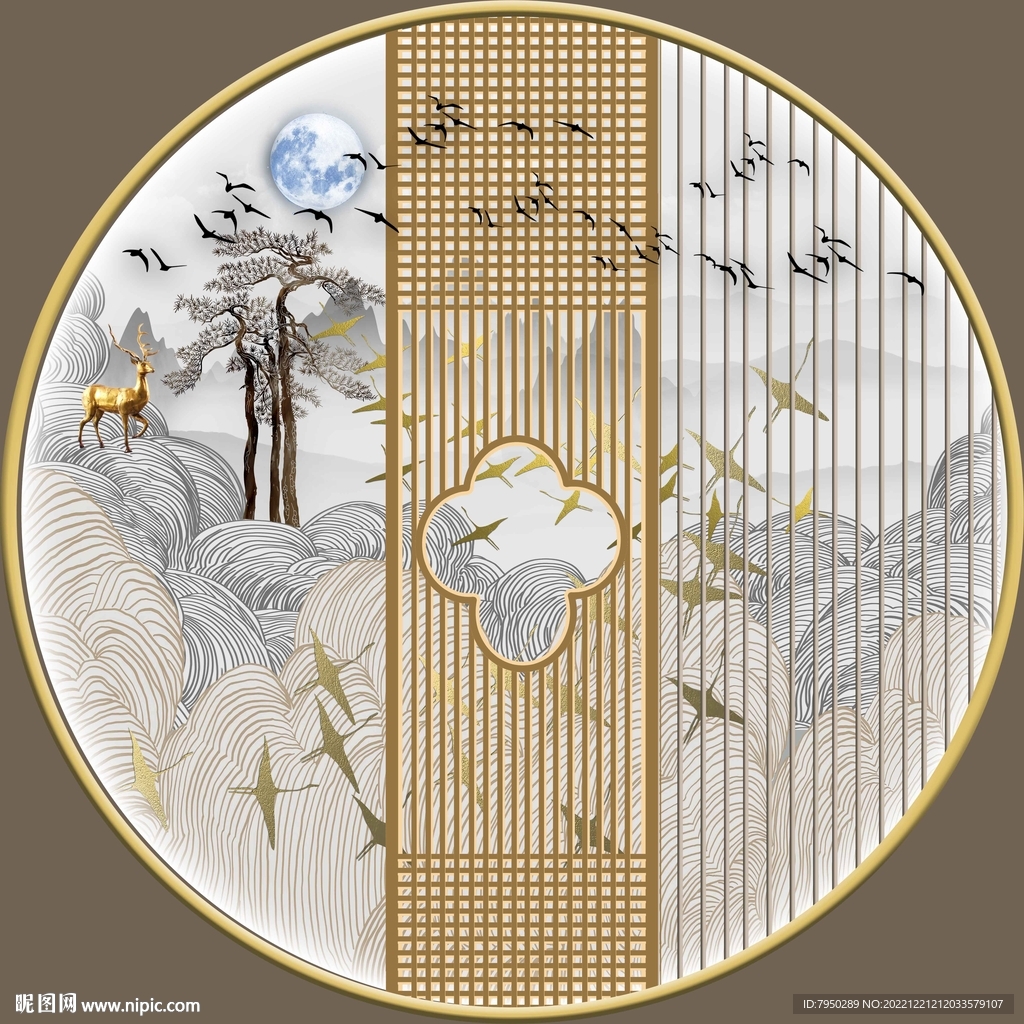轻奢肌理山水玄关客厅圆框装饰画