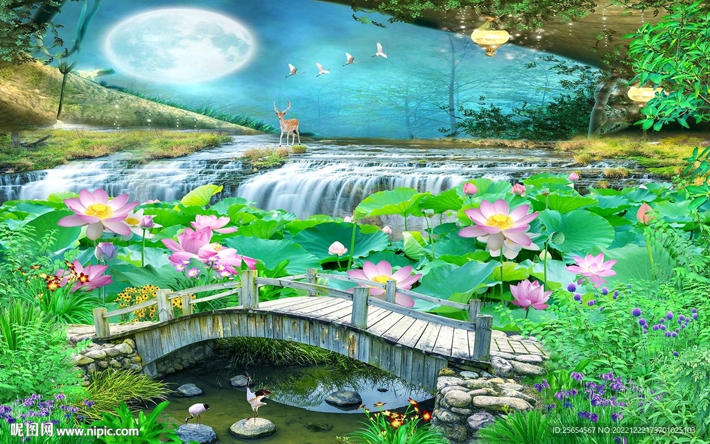 风景画荷花流水生财背景墙