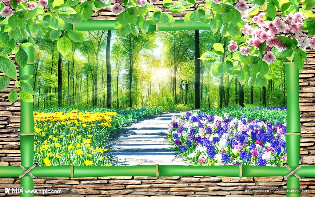 树林草地风景画背景墙