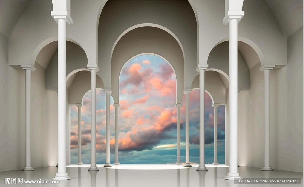 3D拱门建筑背景墙壁画