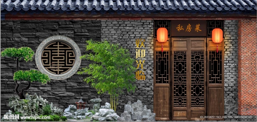 中式私房菜建筑背景墙壁画