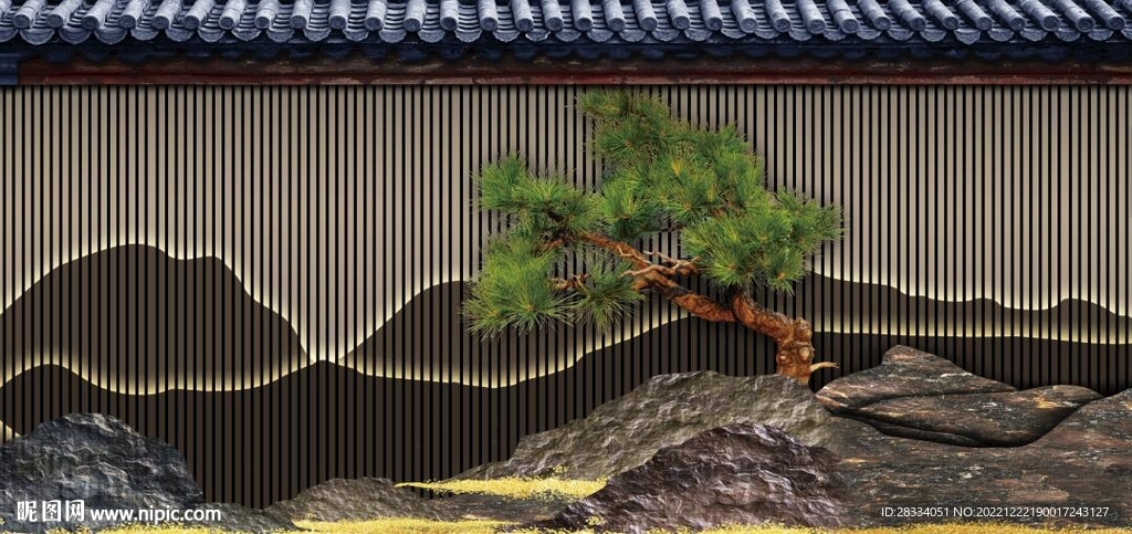 新中式松树山水风景背景墙