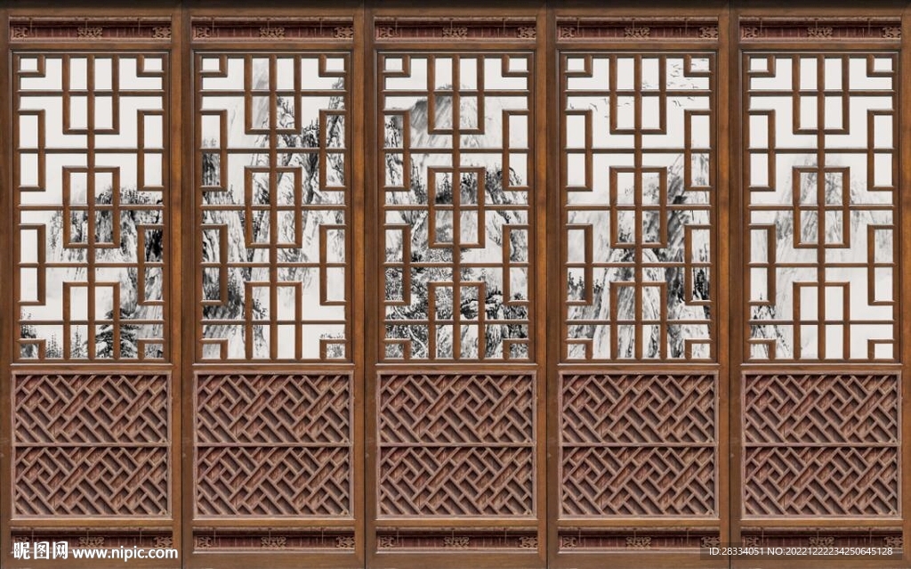 中式木窗格金色山水背景墙壁画
