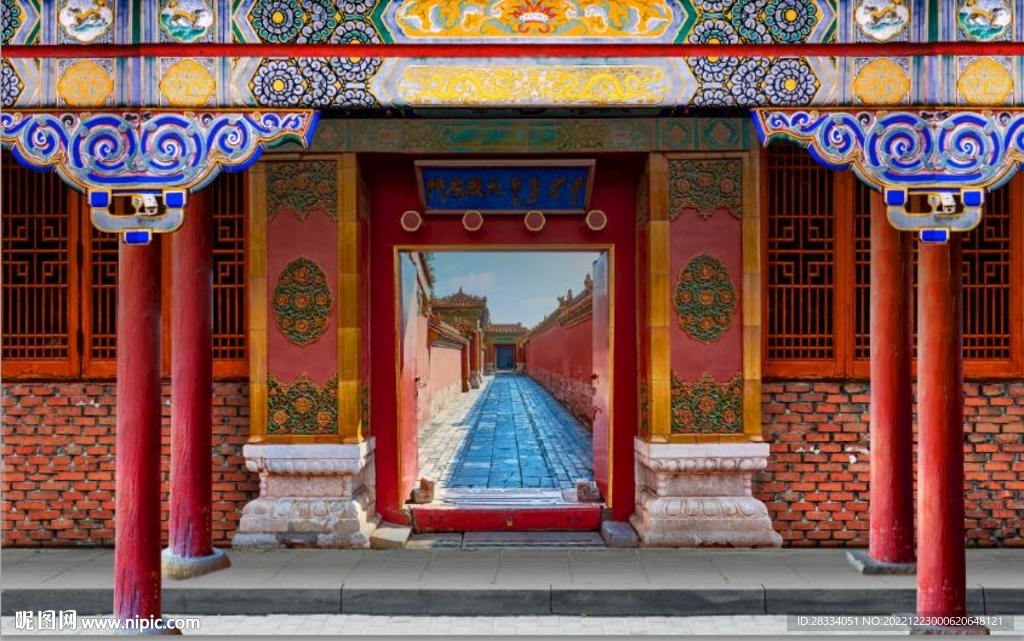 复古中式古建筑场景背景墙