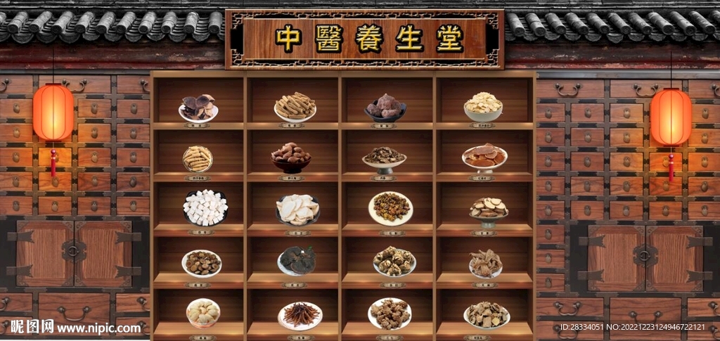 复古怀旧中医堂背景墙壁画