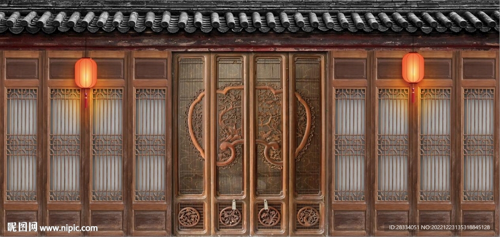 复古中式古建筑场景背景墙