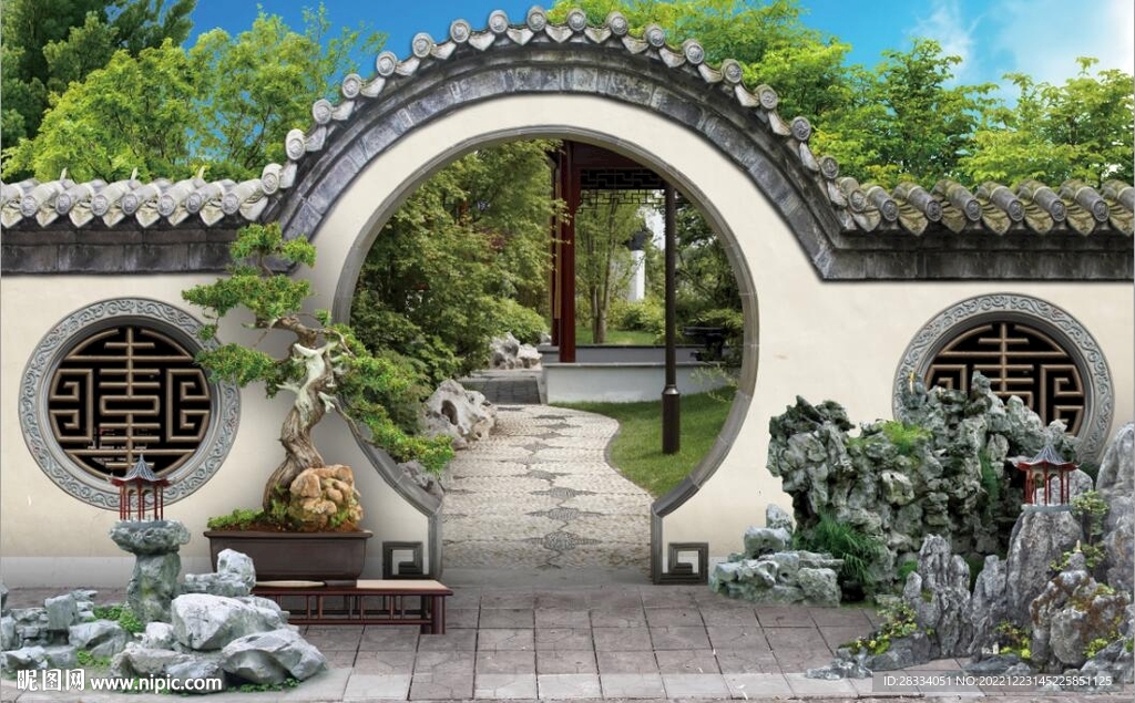 中式月亮门园林背景墙壁画
