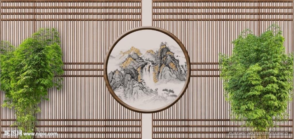 新中式竹林山水电视背景墙