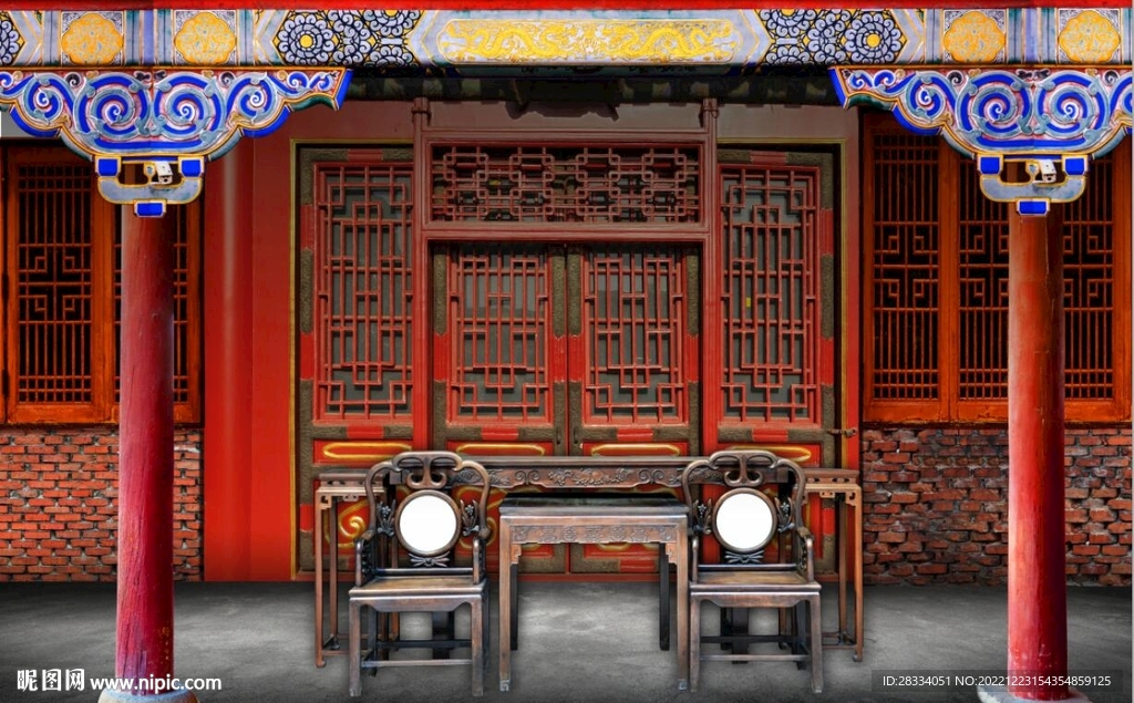 复古中式古建筑场景背景墙