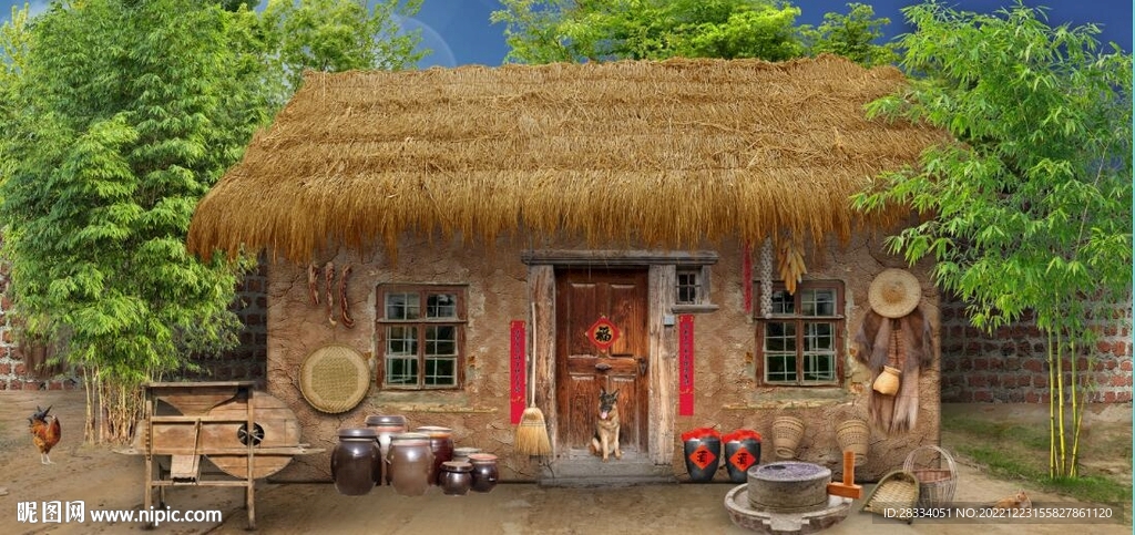 复古怀旧农村竹林茅屋背景墙壁画
