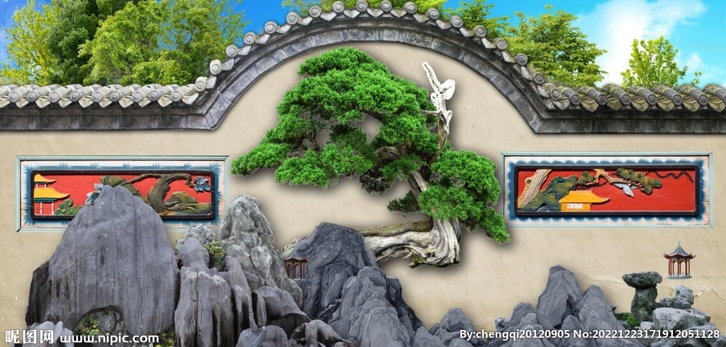 中式古松假山园林背景墙壁画