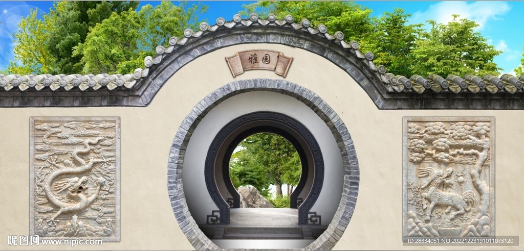 中式月亮门园林背景墙壁画