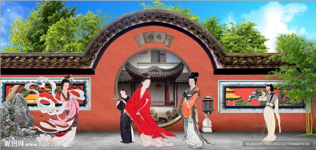 中式古代园林美女背景墙壁画
