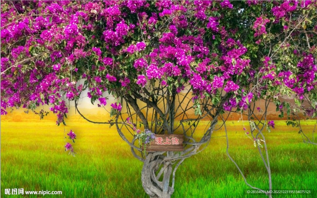 三角梅红花花树背景墙壁画