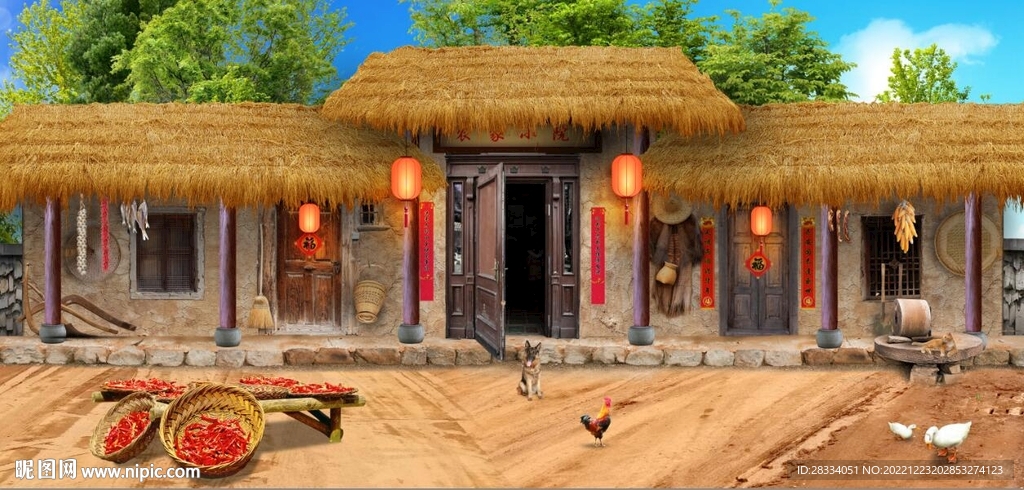 复古怀旧农家小院背景墙壁画