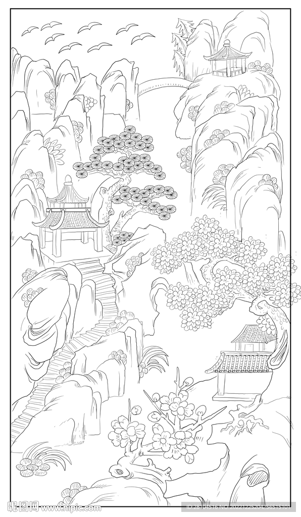 白描山水