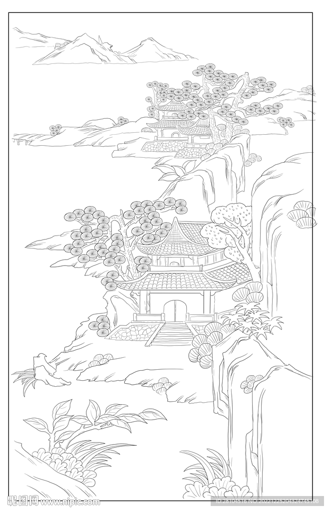 白描古建图 