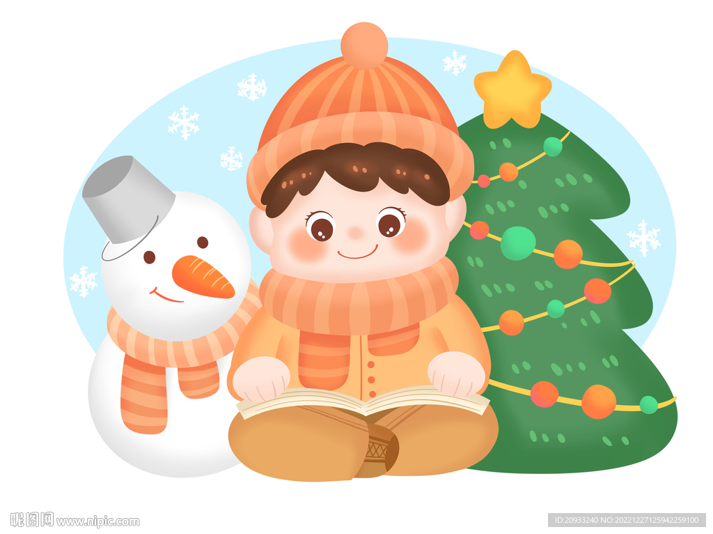 四季看书的儿童冬季雪人穿棉服男
