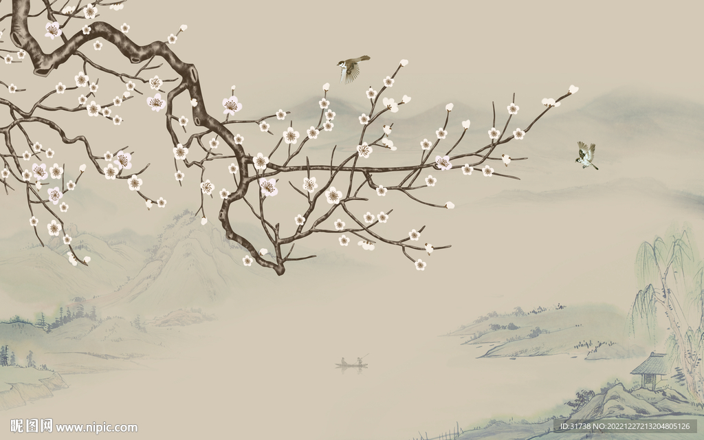 新中式工笔花鸟画背景墙