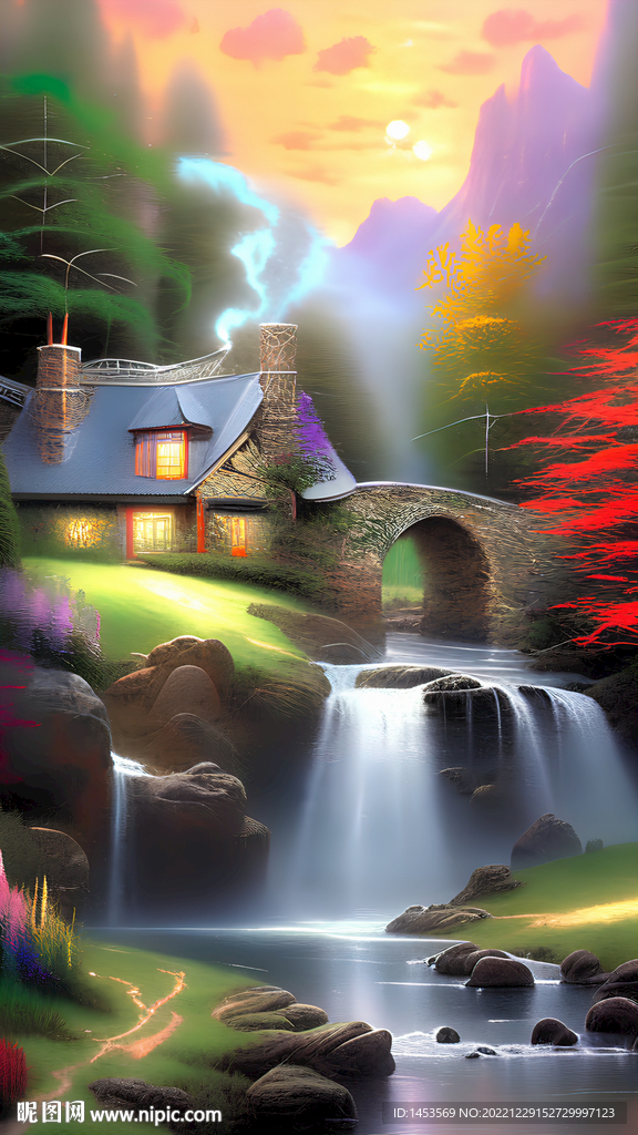 油画风景小屋