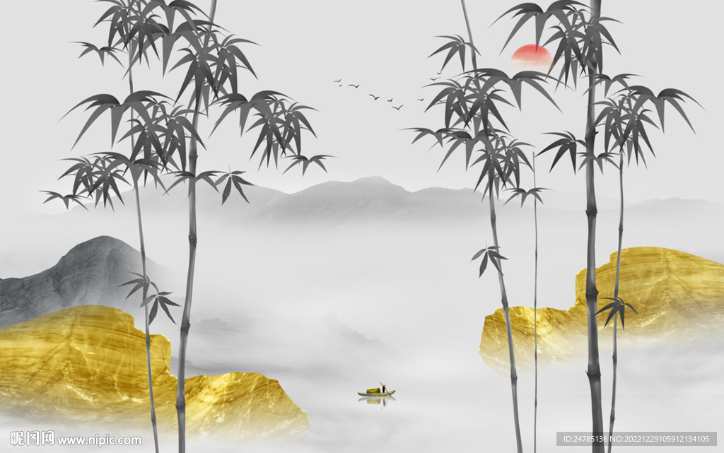 水墨竹子山水背景墙